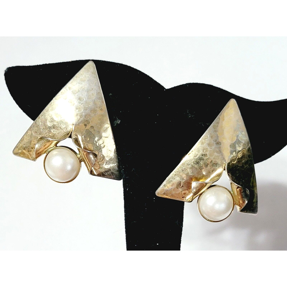 Vintage Large Pierced Earrings, Geometric Gold-tone Faux Pearl‎ Statement wp-8